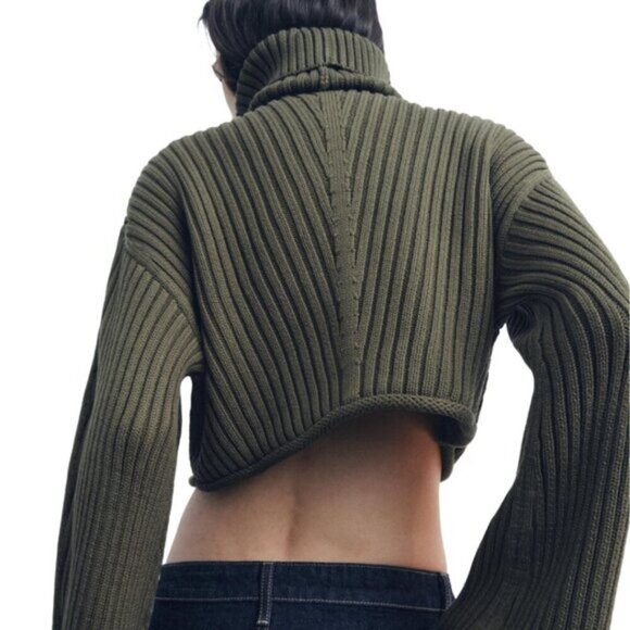 NWT Zara Ribbed Knit Cropped Sweater Turtleneck Khaki Green Size Small - Picture 3 of 16